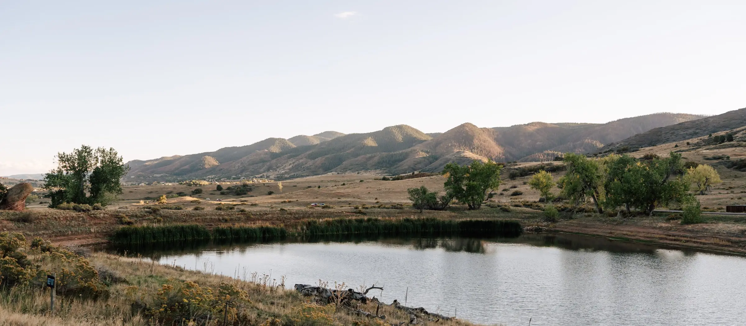 A still pond in golden grassland below the foothills